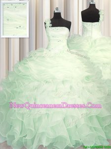 New Style One Shoulder Sleeveless Floor Length Beading and Ruffles Zipper Vestidos de Quinceanera with Apple Green