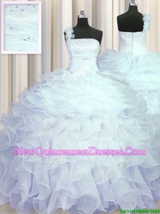 Pretty One Shoulder Sleeveless Zipper 15th Birthday Dress Light Blue Organza