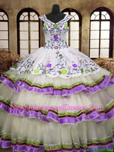 Ideal Floor Length Lace Up Quinceanera Gown Multi-color and In for Military Ball and Sweet 16 and Quinceanera withEmbroidery and Ruffled Layers