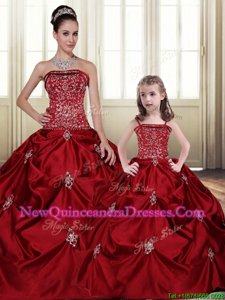 Superior Floor Length Lace Up Sweet 16 Dresses Wine Red and In for Military Ball and Sweet 16 and Quinceanera withEmbroidery and Pick Ups