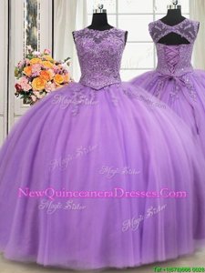 See Through Floor Length Lavender Quince Ball Gowns Scoop Sleeveless Lace Up