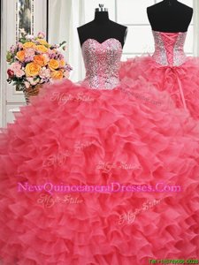 Cute Beaded Bodice Sweetheart Sleeveless Organza Quinceanera Dress Beading and Ruffles Lace Up