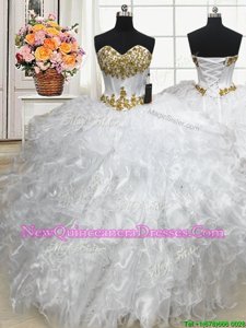 Elegant Sleeveless Floor Length Beading and Ruffles Lace Up 15 Quinceanera Dress with White