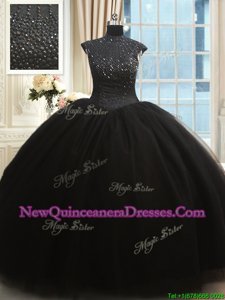 High End High Neck Black Zipper High-neck Beading Sweet 16 Quinceanera Dress Tulle Cap Sleeves