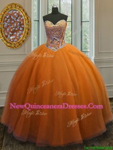 Ideal Orange Taffeta Lace Up Sweetheart Sleeveless Floor Length Quinceanera Gown Beading