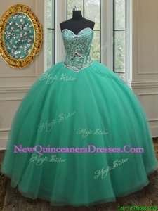 Extravagant Turquoise Zipper 15 Quinceanera Dress Beading Sleeveless Floor Length