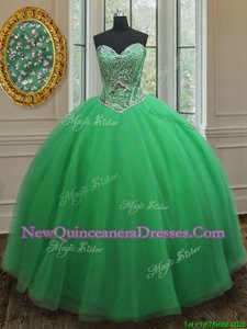 Best Floor Length Green Sweet 16 Dresses Tulle Sleeveless Spring and Summer and Winter Beading