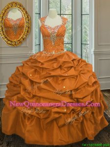 Cute Straps Sleeveless Sweet 16 Dress Floor Length Beading and Pick Ups Orange Taffeta