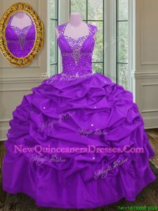 Simple Straps Sleeveless Sweet 16 Dress Floor Length Beading and Pick Ups Purple Taffeta