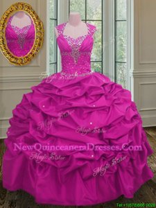 Affordable Straps Straps Fuchsia Cap Sleeves Floor Length Beading and Pick Ups Lace Up 15th Birthday Dress