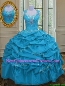 Glamorous Aqua Blue Taffeta Lace Up Straps Sleeveless Floor Length Quinceanera Gowns Beading and Pick Ups