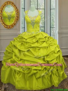 Classical Straps Straps Floor Length Yellow Green 15th Birthday Dress Taffeta Sleeveless Spring and Summer and Fall and Winter Beading and Pick Ups