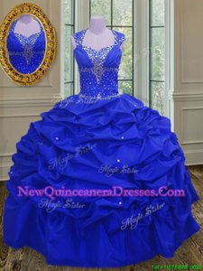 Super Royal Blue Straps Lace Up Beading and Pick Ups Quince Ball Gowns Sleeveless