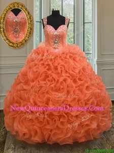 Delicate Straps Straps Beading and Ruffles Quinceanera Dresses Orange Zipper Sleeveless Floor Length