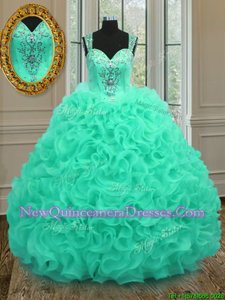 Fashionable Apple Green Ball Gowns Organza Straps Sleeveless Beading and Ruffles Floor Length Zipper Quinceanera Dresses