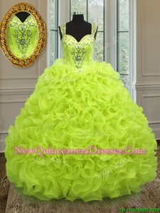 Stylish Straps Straps Sleeveless Floor Length Beading and Ruffles Zipper Quinceanera Dresses with Yellow Green