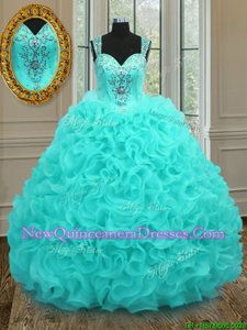 Lovely Straps Straps Beading and Ruffles Vestidos de Quinceanera Aqua Blue Zipper Sleeveless Floor Length