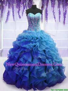 Colorful Floor Length Ball Gowns Sleeveless Blue 15 Quinceanera Dress Lace Up