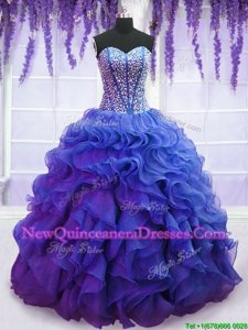 High Class Spring and Summer and Fall and Winter Organza Sleeveless Floor Length Quinceanera Gowns andBeading and Ruffles