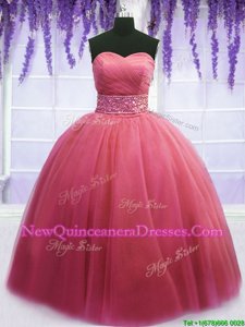 Eye-catching Watermelon Red Tulle Lace Up Sweetheart Sleeveless Floor Length Quinceanera Gown Beading and Belt