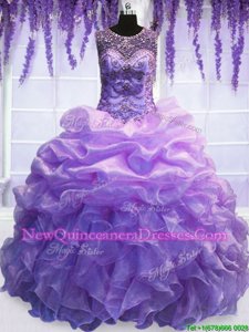 Super Scoop Sleeveless Quince Ball Gowns Floor Length Beading and Pick Ups Lavender Organza