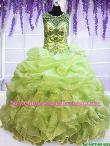 Beauteous Yellow Green Ball Gowns Scoop Sleeveless Organza Floor Length Lace Up Beading and Pick Ups Quinceanera Gown