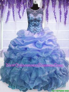 Cute Blue Scoop Lace Up Beading and Ruffles Sweet 16 Quinceanera Dress Sleeveless