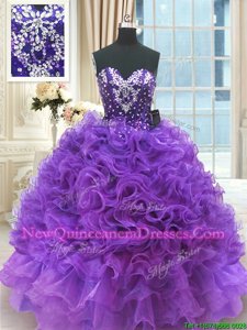 Noble Beading and Ruffles Quinceanera Gown Purple Lace Up Sleeveless Floor Length