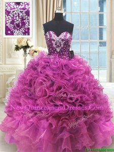 Beading and Ruffles Sweet 16 Dress Fuchsia Lace Up Sleeveless Floor Length