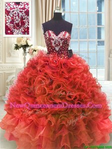 Sweetheart Sleeveless Ball Gown Prom Dress Floor Length Beading and Ruffles Wine Red Organza