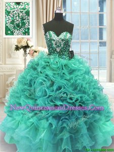 Turquoise Sleeveless Floor Length Beading and Ruffles Lace Up 15th Birthday Dress