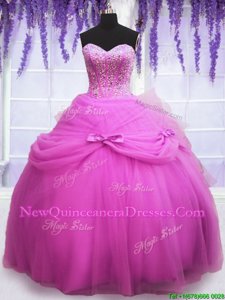 Stunning Sweetheart Sleeveless Sweet 16 Quinceanera Dress Floor Length Beading and Sequins and Bowknot Lilac Tulle