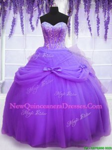 Stylish Sleeveless Floor Length Beading and Bowknot Lace Up Sweet 16 Quinceanera Dress with Lavender