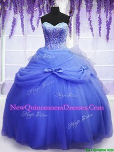 Best Blue Tulle Lace Up Sweetheart Sleeveless Floor Length 15th Birthday Dress Beading and Bowknot