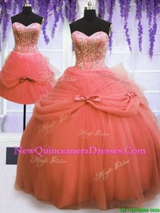 Discount Three Piece Tulle Sweetheart Sleeveless Lace Up Beading and Bowknot Sweet 16 Quinceanera Dress inWatermelon Red