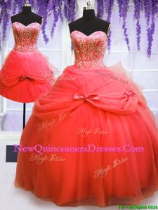 Cheap Three Piece Floor Length Coral Red 15 Quinceanera Dress Sweetheart Sleeveless Lace Up