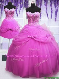 Graceful Three Piece Lilac Tulle Lace Up 15th Birthday Dress Sleeveless Floor Length Beading and Bowknot