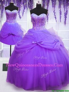 Dazzling Three Piece Purple Sweetheart Neckline Beading and Bowknot Quinceanera Gowns Sleeveless Lace Up