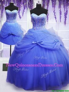 Enchanting Three Piece Floor Length Blue Quinceanera Dress Tulle Sleeveless Spring and Summer and Fall and Winter Beading and Bowknot