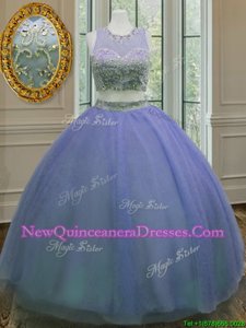 Elegant Lavender Tulle Zipper Scoop Sleeveless Floor Length Quinceanera Dress Ruffled Layers and Sashes|ribbons