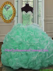 Sweet Apple Green Ball Gowns Sweetheart Sleeveless Organza Sweep Train Lace Up Beading and Pick Ups 15th Birthday Dress