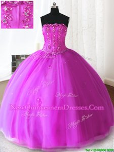 Superior Beading and Appliques Sweet 16 Dress Fuchsia Lace Up Sleeveless Floor Length