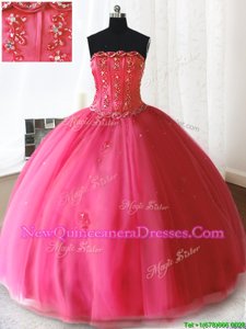 Chic Tulle Strapless Sleeveless Lace Up Beading and Appliques Ball Gown Prom Dress inHot Pink