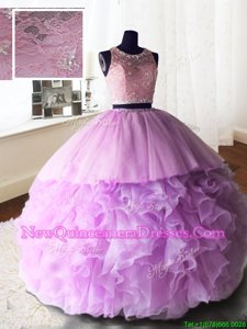 Captivating Lilac Vestidos de Quinceanera Military Ball and Sweet 16 and Quinceanera and For withBeading and Lace and Ruffles Scoop Sleeveless Brush Train Zipper