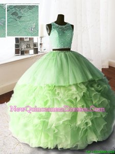 Flirting Scoop Sleeveless Brush Train Zipper 15 Quinceanera Dress Spring Green Organza and Tulle and Lace