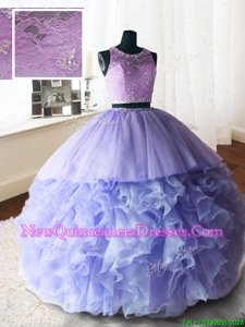 Noble Brush Train Ball Gowns Quinceanera Dresses Lavender Scoop Organza and Tulle and Lace Sleeveless With Train Zipper