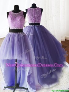 Three Piece Scoop Spring and Summer and Fall and Winter Organza and Tulle and Lace Sleeveless With Train Quinceanera Gown Brush Train andBeading and Lace and Ruffles