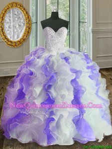 Simple Sleeveless Floor Length Beading and Ruffles Lace Up Quince Ball Gowns with White and Purple