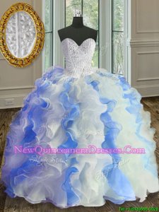 White and Blue Lace Up Sweetheart Beading and Ruffles 15th Birthday Dress Organza Sleeveless