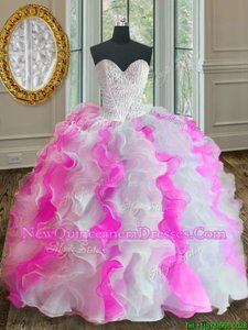 Chic Pink And White Lace Up Sweetheart Beading and Ruffles Quinceanera Dress Organza Sleeveless